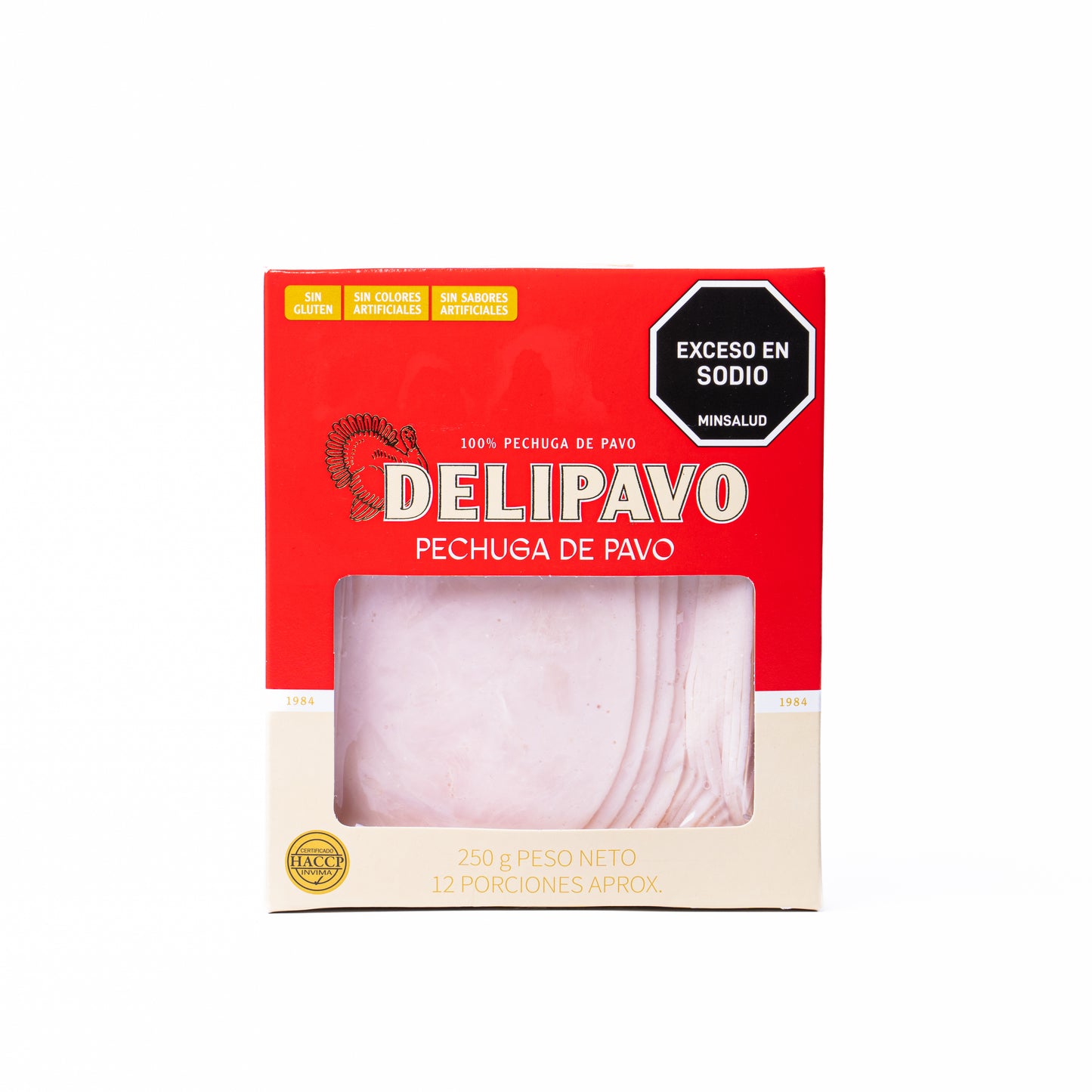 Embalaje de Pechuga de Pavo Delipavo, 250g, 100% pavo, ideal para platos saludables.